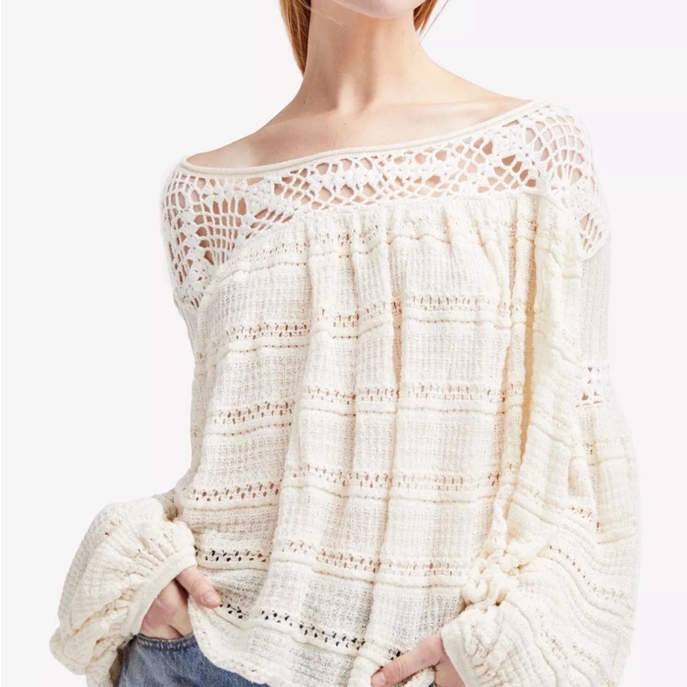 Free people knit sweater top with crochet inserts cream Large - Picture 5 of 12